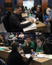 Imagem divida em duas partes: ambas mostram defensores e defensoras atendendo a populção. 