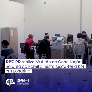 A Defensoria Pública do Estado do Paraná (DPE-PR) em Londrina realizou nesta sexta-feira (29) um Mutirão de Conciliação na área da Família. Durante a tarde, 20 pessoas foram atendidas e 10 acordos foram fechados, em casos de divórcio, visitas, guarda e alimentos. Também foram realizadas 14 orientações jurídicas gerais. “Ficamos extremamente felizes com o resultado do nosso primeiro mutirão de conciliação, uma vez que todos os usuários que compareceram na sede entenderam a importância de dialogar e resolver 