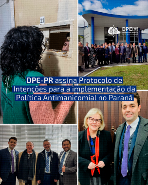 Imagem que mostra três fotos de momentos da visita ao CMP e uma foto do defensor público-geral com a Ministra Rosa Weber. As imagens do CMP são da defensora pública Andreza conversando com uma pessoa que está dentro de uma cela, uma foto na frente do prédio do CMP de todas as autoridades presentes e uma foto do defensor geral com representantes do Governo do Estado. Por cima da imagem está o título da matéria.