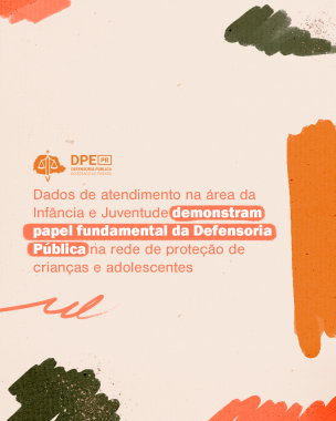 Imagem no estilo infantil, com várias pinceladas de cores quentes e aguadas, em maior destaque, o título "Dados de atendimento na área da Infância e Juventude demonstram papel fundamental da Defensoria Pública na rede de proteção de crianças e adolescentes". 