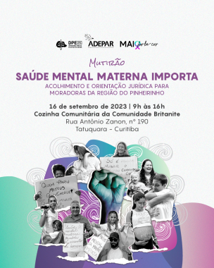 Imagem que mostra uma colagem com diversas mulheres ao redor de um punho levantado em tons de verde, azul e roxo. Há imagens de mulheres segurando bebês ou cartazes com frases em defesa da saúde materna. Acima dessa imagem estão escritas as informações do mutirão.