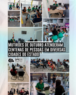 Imagem que mostra uma colagem de 10 fotos de diversos mutirões em que a Defensoria esteve presente no mês de outubro. Algumas fotos mostram atendimentos e outras mostram pessoas aguardando o atendimento. Por cima da imagem, em letras brancas sobre um fundo preto, está escrito o título da matéria. Abaixo, está o logotipo da DPE-PR.