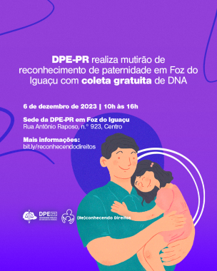 Imagem com o fundo roxo. Na arte, há um desenho de um homem segurado uma menina no colo, representando um pai e uma filha.