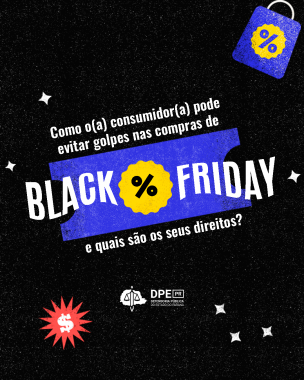 Imagem estilizada com artes vibrantes e simples, tal como o título, "Como o(a) consumidor(a) pode evitar golpes nas compras de Black Friday e quais são seus direitos?", sobrepondo um retângulo azul vibrante com bordas simulando uma nota fiscal. O fundo é a cor preta, com alguns brilhos brancos dando fluxo a imagem.