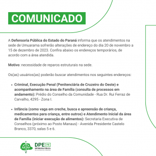 Imagem em formato de COMUNICADO. O fundo é branco, e a imagem contem detalhes em verde. Na parte superior está a palavra "COMUNICADO" e logo abaixo, as informações escritas em preto. 