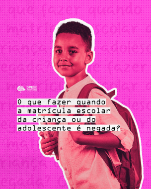 Imagem com um fundo rosa, tendo alguns pequenos detalhes, como, pequenas bolinhas escuras e palavras apagadas. De destaque, a foto de um garoto na faixa dos oito anos segurando livros e uma mochila. Ao lado dele, o título da matéria.