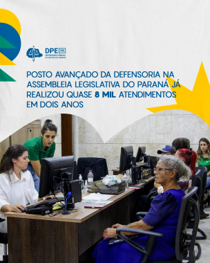 Imagem com fundo claro e textura de papel. Na parte inferior, uma foto de atendimento no posto da Defensoria na Alep. Acima, algumas formas organicas em verde, azul e amarelo, junto do logo da defensoria em azul e o título da matéria.