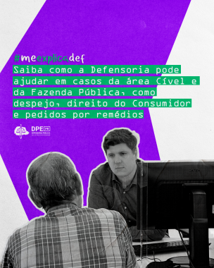 Arte onde um servidor realiza um atendimento. Na imagem, também é possível ler o título da matéria: Saiba como a Defensoria pode te ajudar em casos da área Cível e da Fazenda Pública, como despejo, direito do Consumidor e pedidos por remédios