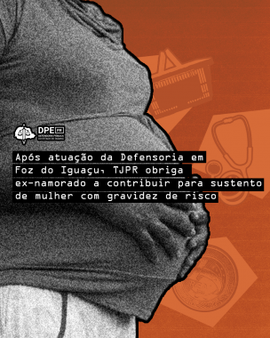 Imagem de uma mulher grávida com as mãos em sua barriga em preto e branco. Fundo laranja com imagens de estetoscópios, moeda e cesta de compras de mercado. A frase do título está sobrepondo a imagem sobre um fundo preto e acima está a logo da Defensoria Pública. 