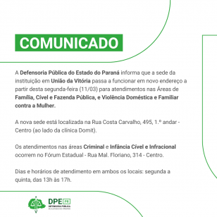 Comunicado de Suspensão de Atendimento - Imagem com o fundo branco e detalhes em verde claro. Escrito na parte superior "COMUNICADO" e o texto em preto logo abaixo.