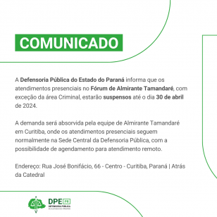 Imagem com fundo branco, linhas em verde e título "COMUNICADO" com fundo verde. A logo da Defensoria está na parte inferior esquerda da imagem.