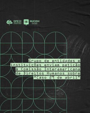 Imagem com arte gráfica, em tons de preto e verde, com título e logos da DPE-PR e do NUCIDH.