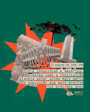 Imagem com arte alusiva aos 13 anos da DPE-PR.