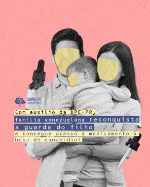 Imagem com fundo rosa e em cima a foto de um casal, homem e mulher, segurando um bebê no colo, com os rostos tapados. Ao lado deles têm imagens de medicamentos em embalagem conta-gotas. Sobrepondo todas as imagens, está escrito o título da matéria. 