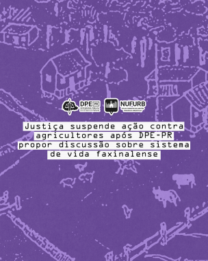 Imagem com arte gráfica, em tons de roxo, com elementos rurais, sob título e logos da DPE-PR e do Nufurb.