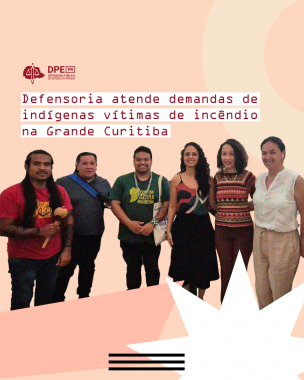 Imagem na cor salmão com elementos geométricos amarelos e brancos como uma estrela, um círculo e retângulo. Sobrepondo, está o recorte dos indígenas atendidos da defensora, ouvidora e assistente social. 