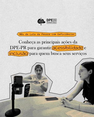 Imagem que mostra uma mulher fazendo sinais de Libras para um celular que está na sua frente, em cima de uma mesa. Ao lado dela há outra mulher, de perfil. Acima da imagem está o título da matéria e o logo da Defensoria.