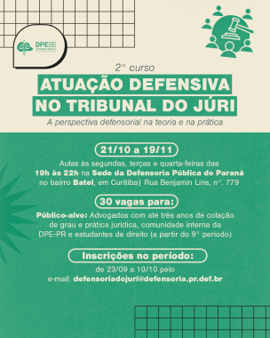 Imagem na cor amarela clara na parte superior e verde na parte inferior. Na imagem está o texto referente às informações do curso. Na parte superior esquerda, está a logo da Defensoria. 