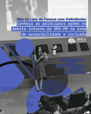Foto da servidora Flávia em frente ao palco, com um microfone palestrando sobre o tema. A imagem está em preto e branco. Por cima, estão figuras geométricas pretas e roxas. O título está em roxo. 