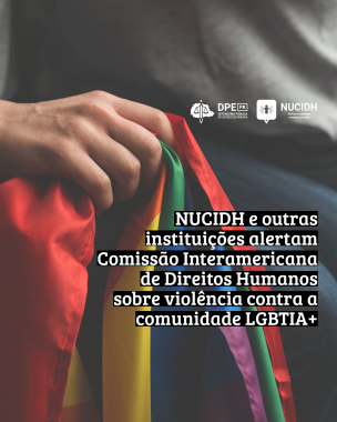 Imagem de uma pessoa branca segurando uma bandeira LGBTIA+. O foco está na mão. Sobrepondo a imagem, está o título da matéria e acima está a logo da Defensoria e do NUCIDH. 