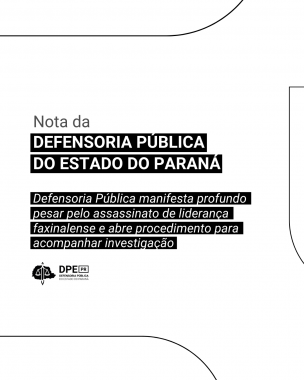 Imagem com o fundo em branco e linhas organicar em preto ao redor. No centro o texto: "Nota da Defensoria Pública do Estado do Paraná". Abaixo, o logo da defensoria em preto.