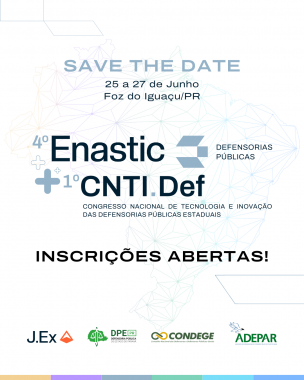Imagem com arte de divulgação do 1º Congresso Nacional de Tecnologia e Inovação das Defensorias Públicas Estaduais.