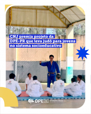 Imagem com o título da matéria. Na imagem um homem com um judogi (roupa específica para a prática do esporte judô). Ele está em pé gesticulando, para alunos sentados que o observam.
