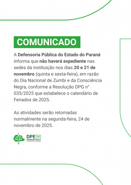 Imagem com o fundo branco, com detalhes em verde claro. Logo acima está escrito "COMUNICADO" em branco e verde e o texto está escrito em preto informando a suspensão de atendimentos nos dias 20 e 21.