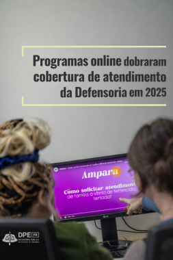 Imagem que mostra duas pessoas de costas vendo na tela de um computador como acessar o programa Ampara da Defensoria