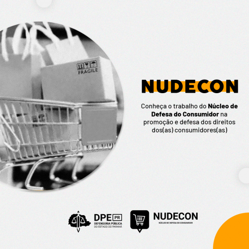 Imagem com o fundo cinza. Ao lado esquerdo, imagem de um carrinho de mercado com sacolas dentro. Do lado direito, está escrito em tons de laranja e preto "NUDECON - Conheça o trabalho do Núcleo de Defesa do consumidor na promoção e defesa dos direitos dos consumidores".