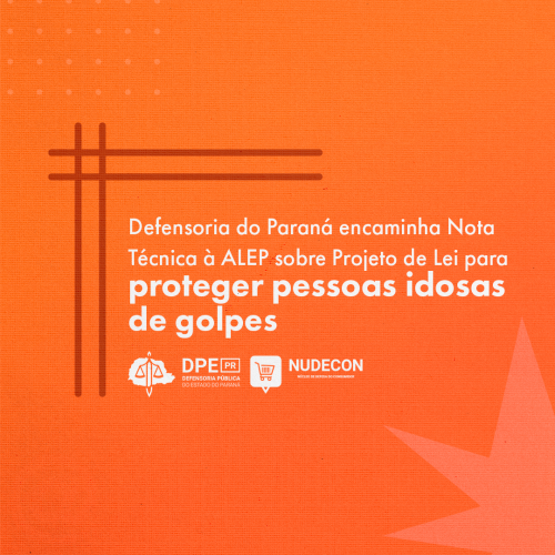 Imagem com fundo em degrade suave entre laranja escuro e laranja claro, com sobreposição de textura de papel. Na esquerda superior, uma decoração de bolinhas brancas. Na direita inferior, há uma estrela pequena. No centro da imagem, escrito em branco, está o título da matéria, "Defensoria do Paraná encaminha Nota Técnica à ALEP sobre Projeto de Lei para proteger pessoas idosas de golpes".