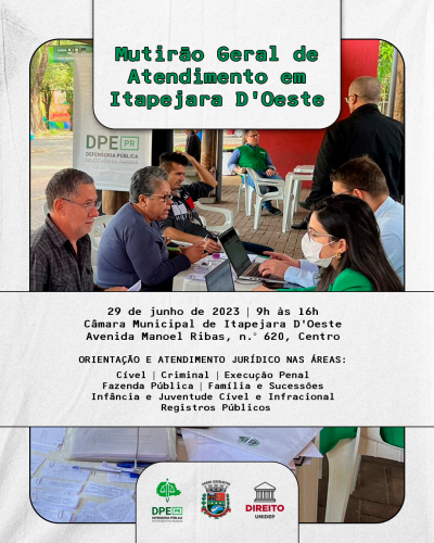 Imagem de divulgação do mutirão geral de atendimento em Itapejara D'Oeste com as informações de hora e local.