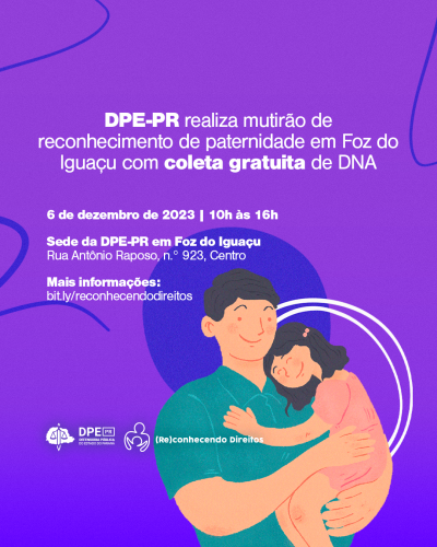 Imagem com o fundo roxo. Na arte, há um desenho de um homem segurado uma menina no colo, representando um pai e uma filha.