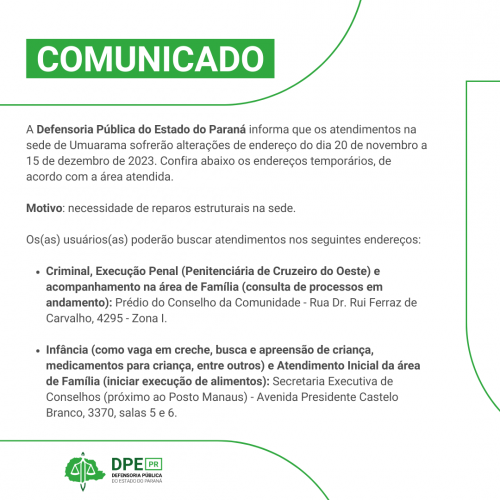 Imagem em formato de COMUNICADO. O fundo é branco, e a imagem contem detalhes em verde. Na parte superior está a palavra "COMUNICADO" e logo abaixo, as informações escritas em preto.