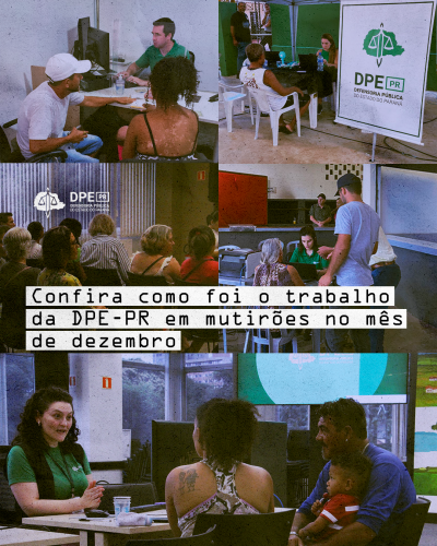 A imagem mostra 5 fotos, sendo que o quadro está dividido em duas fotos na parte superior, duas fotos no centro, e uma foto na parte inferior. As fotos mostram servidoras e defensor atendendo à população em diferentes mutirões da Defensoria. Todos eles vestem camiseta verde com o logotipo da instituição e conversam com pessoas enquanto se postam em frente a um computador.