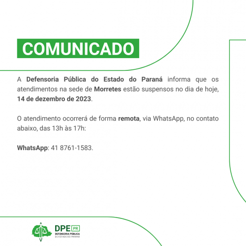 A Defensoria Pública do Estado do Paraná informa que os atendimentos presenciais na sede de Castro estarão suspensos do dia de hoje, 11 de dezembro, até o dia 15 de dezembro de 2023. Os atendimentos de casos urgentes serão mantidos. O atendimento aos casos não urgentes será retomado a partir do dia 08 de janeiro de 2024, considerando-se que no dia 20 de dezembro se inicia o período de recesso judiciário.