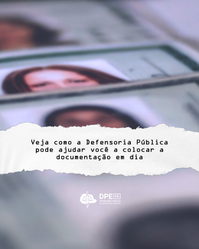 Imagem com a foto de várias identidades desfocada. Ao centro, um elemento que imita papel ragado e, sobre ele, o título da matéria. Abaixo, o logo da defensoria em branco.