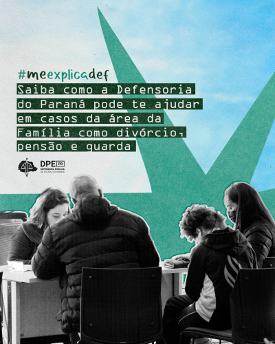 Imagem com o fundo claro de um céu azulado e por cima, em caixas esverdeadas, o título da matéria sobre a hashtag me explica def. Abaixo do título, uma colagem digital de uma família sendo atendida por uma funcionária da Defensoria.