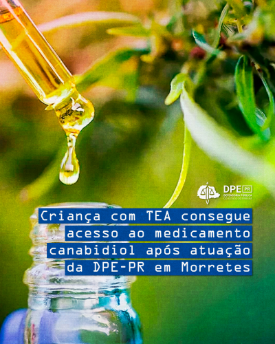 Imagem com a foto de um frasco de remédio líquido com um conta gotas pingando uma gota. Ao fundo folhagem de plantas. Alinhado à direita o título da matéria, tarjado em azul. Acima, o logo da Defensoria em branco.