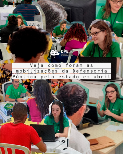 Imagem com sobreposição de fotos de servidores da Defensoria atendendo os usuários.