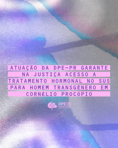 Imagem com arte gráfico, em tons de roxo e lilás, com título e logo da DPE-PR.