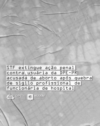 Imagem com arte, em tons de cinza, com título e logos da DPE-PR e do Nudem.