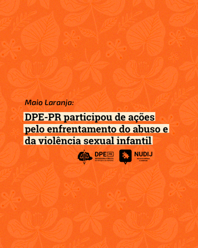 Imagem com arte em tons de laranja, com título e logos da DPE-PR e do Nudij.