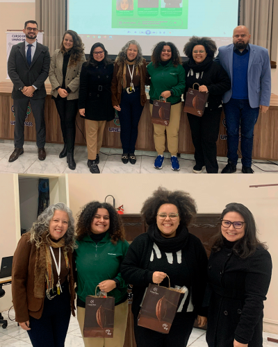 Imagem divida entre duas fotos com as palestrantes, equipe da Defensoria e da Unespar.