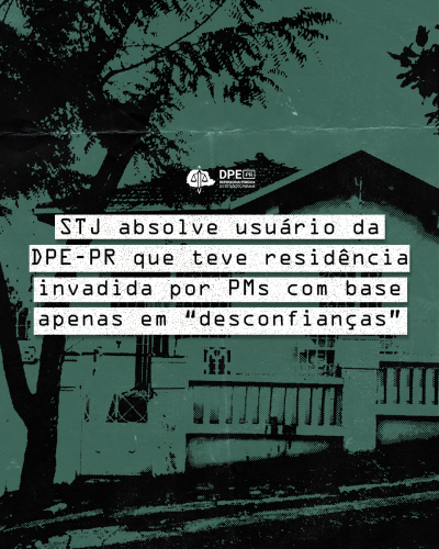 Imagem com arte de residência, em tons de verde e preto, sob título e logo da DPE-PR.