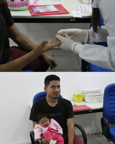 Imagem divida em duas partes: a de cima, uma enfermeira está tirando sangue do dedo da mão de um homem. A debaixo é o homem segunda uma bebê no colo.