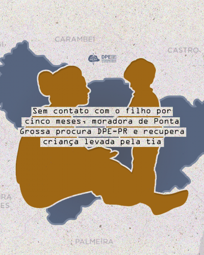 Imagem com a ilustração do mapa da cidade de Ponta Grossa ao fundo da silhueta de uma mulher sentada a altura de uma criança.