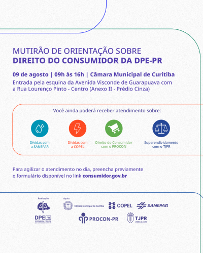 Imagem com fundo branco e linhas roxas, verdes e laranjas. Na arte está o texto sobre o mutirão, na cor roxa. Também estão na arte alguns ícones de gota de água, indicando o atendimento da SANEPAR, de um raio, indicando o atendimento da COPEL, de um carrinho de compras, indicando o atendimento do NUDECON, e o símbolo da justiça, indicando o atendimento do TJPR.