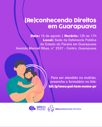 Imagem de um homem com sua filha no colo. Fundo roxo.