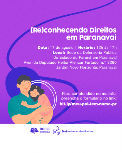 Imagem de um homem com sua filha no colo. Fundo roxo.